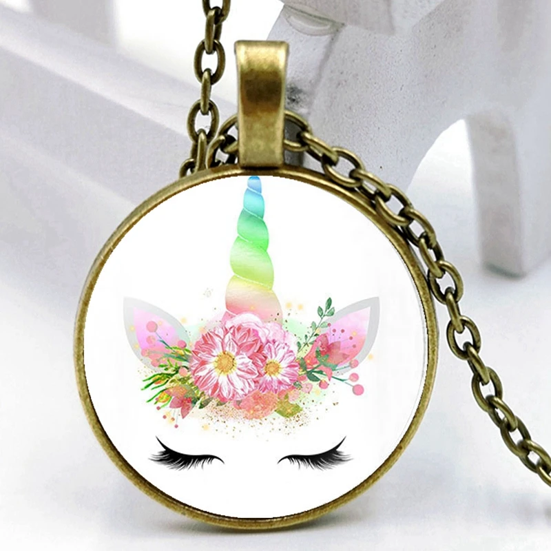 

Fashion Charm Cute Unicorn Glass Cabochon Pendant Necklace Children Girl Necklace Sweater Chain Jewelry Gift Necklaces