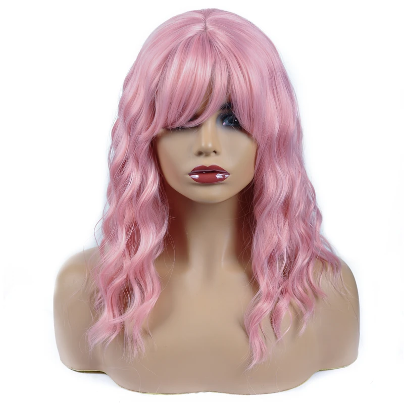 

Short Bob Body Wave Pink Women's Wigs with Bangs Synthetic Wavy Wigs African American Water Wave Wig Heat Resistant False Hair