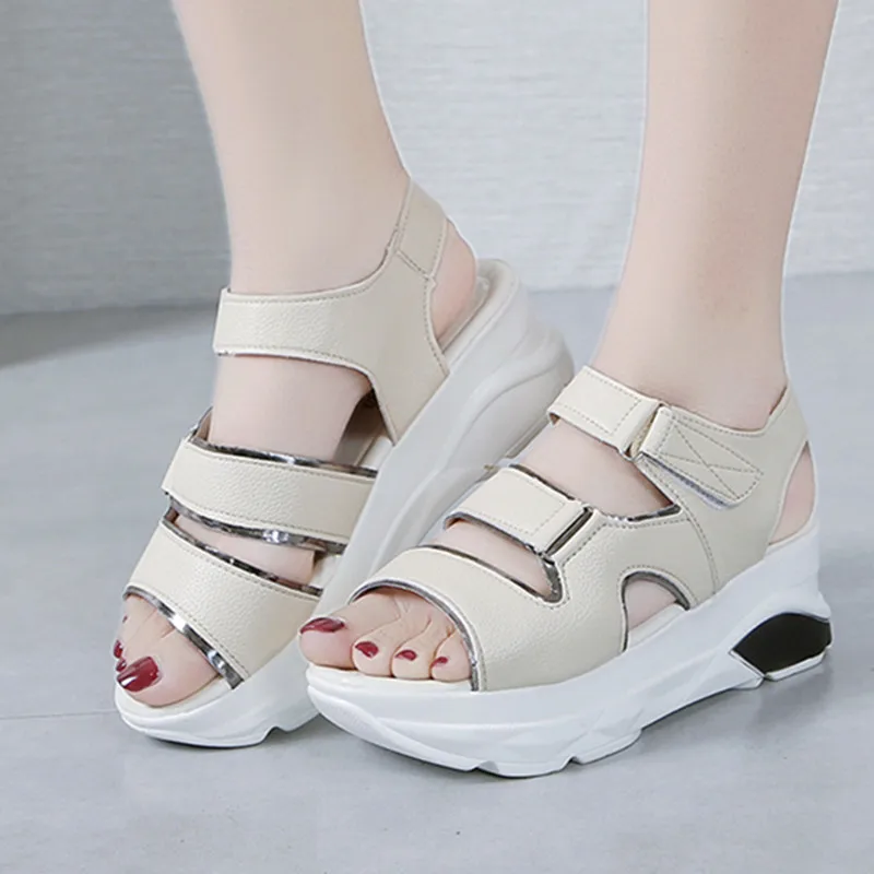 Босоножки на платформе Женские кожаные летние белые туфли плоской подошве с
