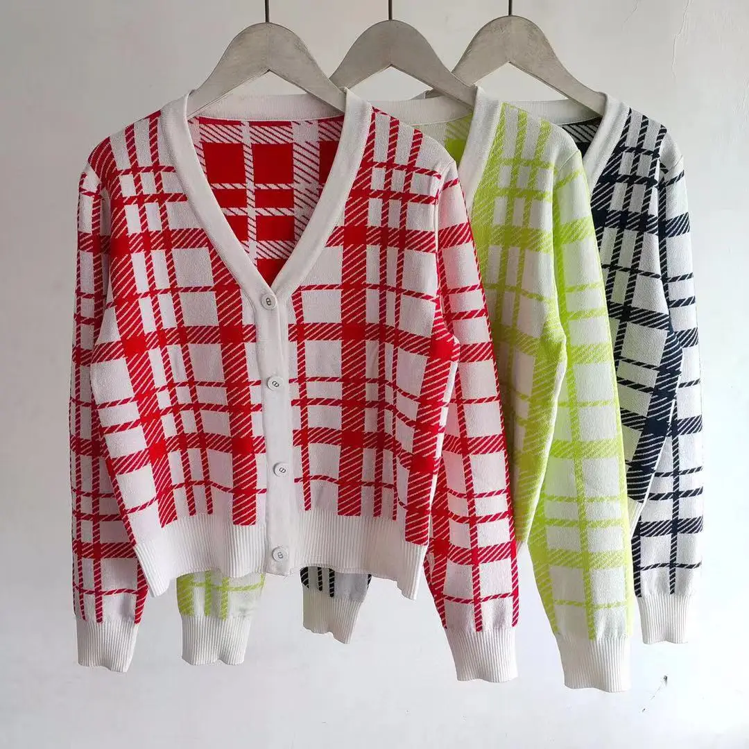

Runway 2021 High Street Fashion Sweater Cardigans Women Single Breasted Vintage Plaid Long Sleeve Casual E Girl Y2k Knitted Tops
