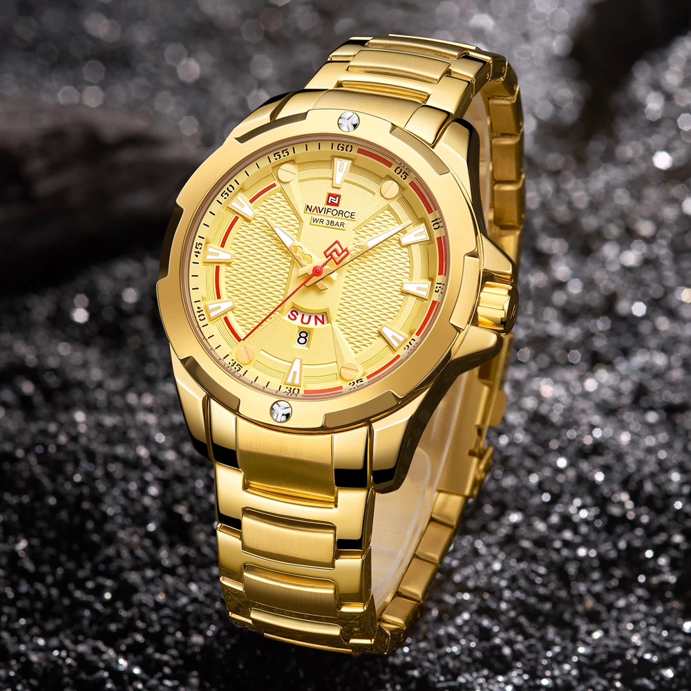 NAVIFORCE Модные мужские золотые часы кварцевые водонепроницаемые военные наручные