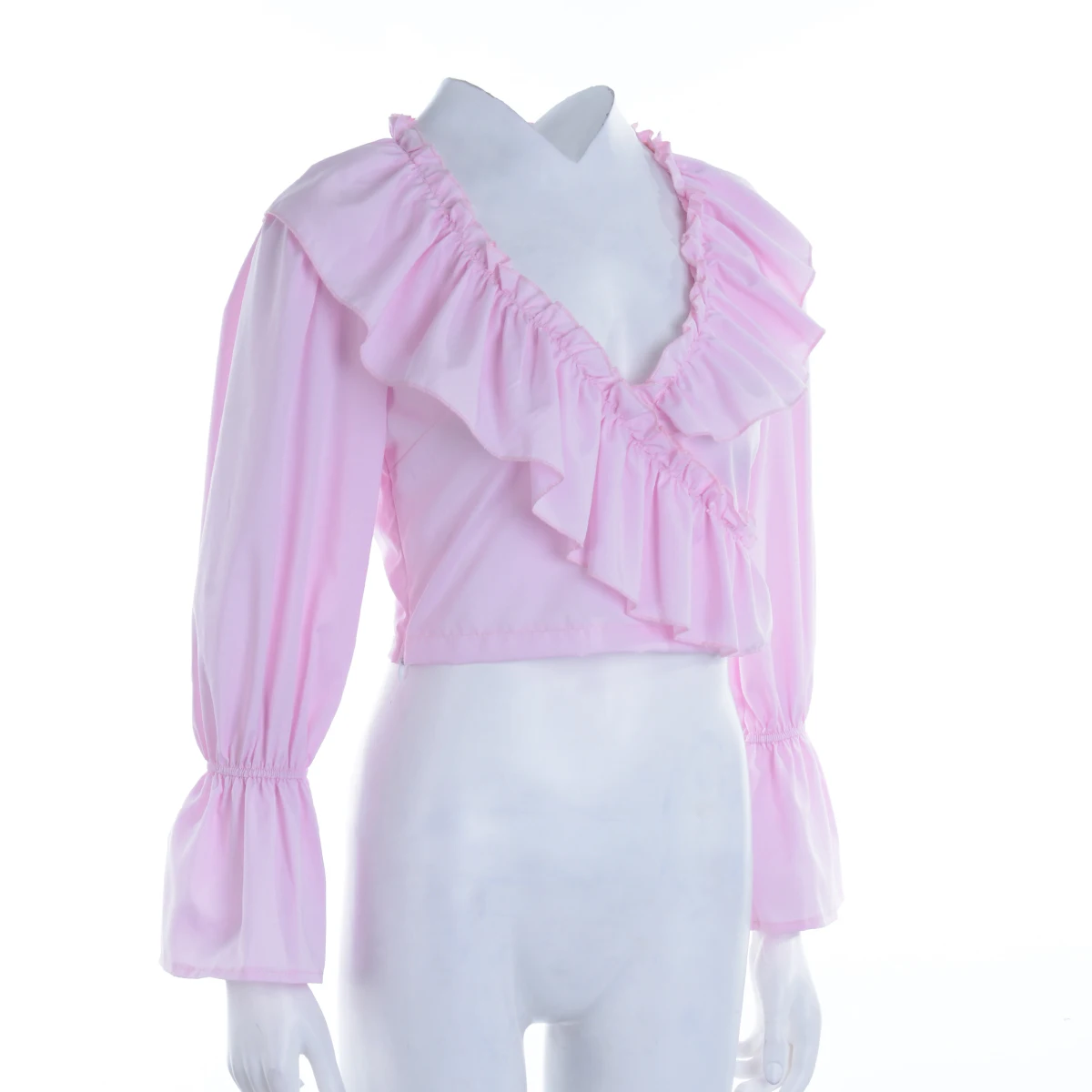 

Women Long Puff Sleeve Blouse Casual Sexy Ruffled V-Neck Crop Top Slim Bodycon Shirt Summer Women Clothes