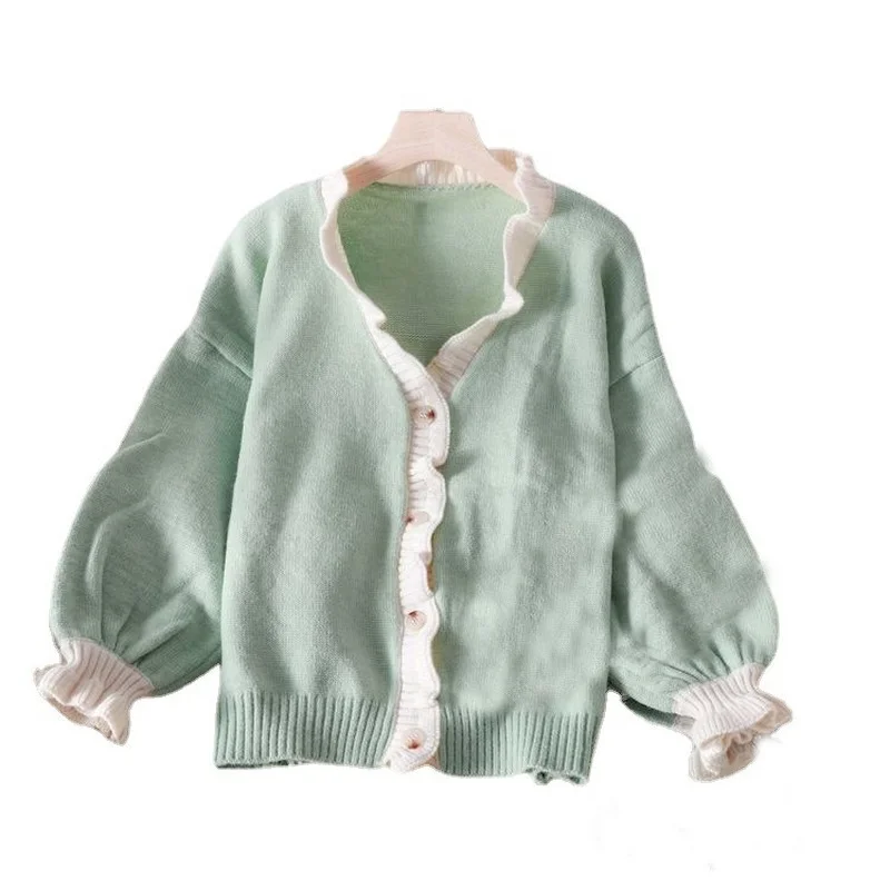 

Kimutomo Casual Ruffles Knit Cardigans Women Autumn Korean Fresh Style Female Lantern Sleeve V-neck Solid Color Sweater Elegant