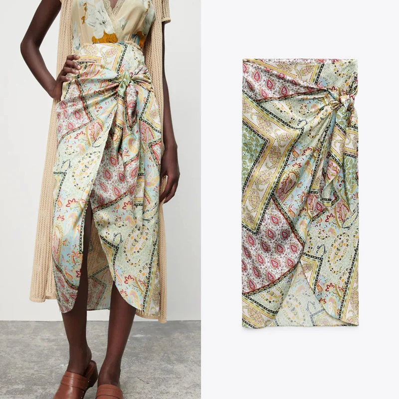 

Printed Midi High Waisted Skirts Chic Asymmetric Hem Side Pareos Wrap Knot Woman Skirts Mujer Summer Women Skirt Za 2021 Fashion