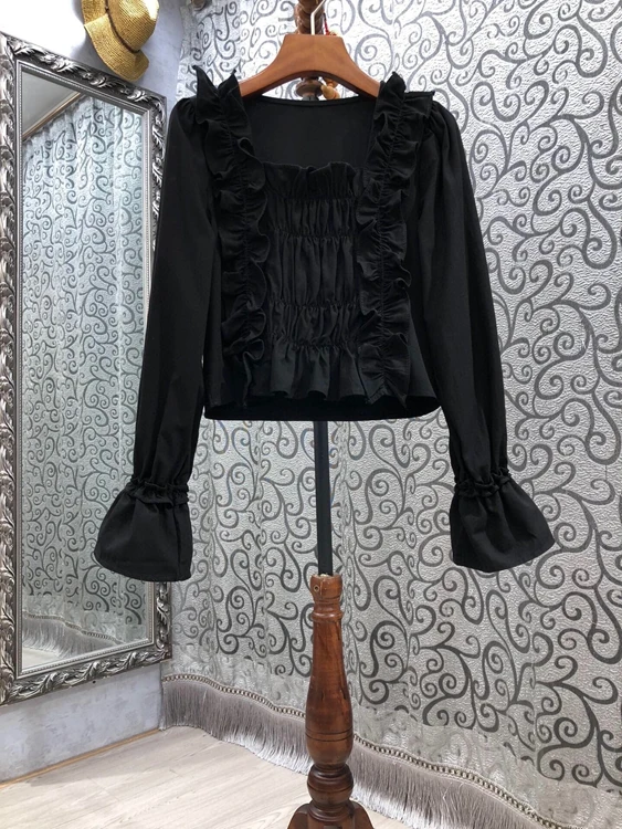 

2021 spring new women's ear edge irregular splicing decoration solid color trumpet sleeve top 303