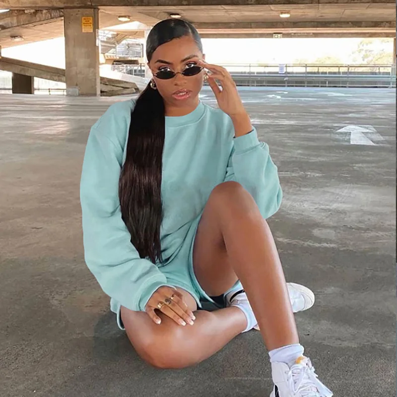 

Spring and autumn solid color long-sleeved shorts sweater 2-piece suit female casual new ladies sports running new ladies