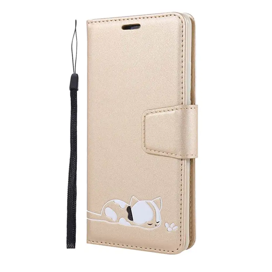 Gold Кожаный чехол с откидной крышкой для samsung Galaxy S10 E S9 J4 J6 A7 A6 плюс A10 A20 E A30 A40 A50 A70 милый кошелек с котами чехол для телефона - Цвет: Gold