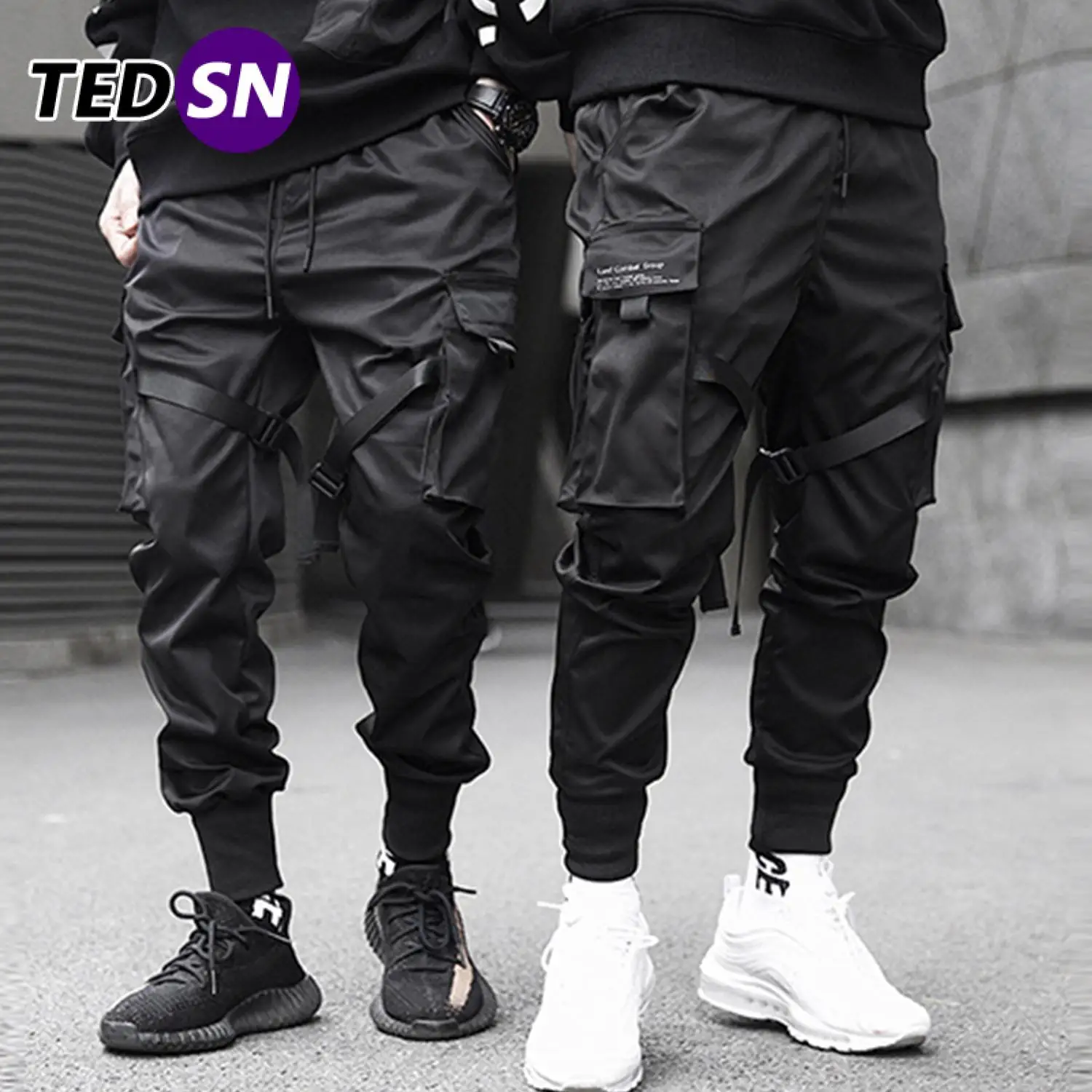 

Ribbons Hip Hop Cargo Pants Men Black Pocket Streetwear Harajuku Techwear Pants Trousers Harem Joggers Sweatpants Black