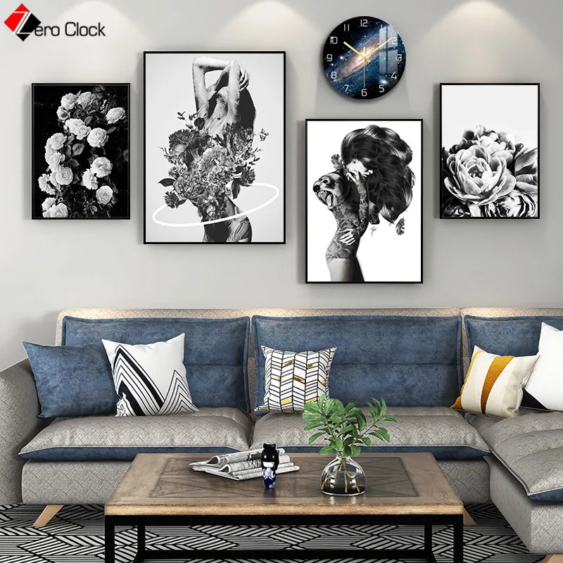 Черно-белый абстрактный женский цветочный постер украшение стены искусства