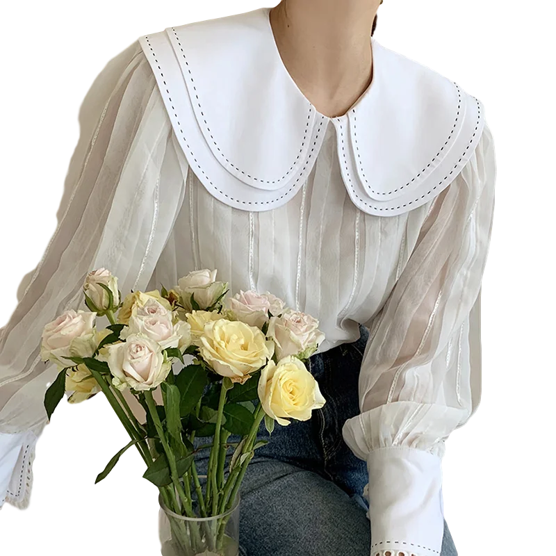 

Autumn Gentle Double Layer Doll Collar Open Top Heavy Industry Three-dimensional Chiffon Loose Lantern Sleeve Shirt GX1347