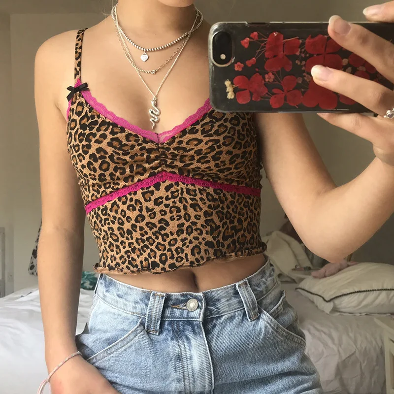 

Gothic Leopard Print Cami Sexy Sleeveless Ruffles Hem Spaghetti Strap Crop Top Lace Patchwork Bow Egirl Vintage Women Clothes