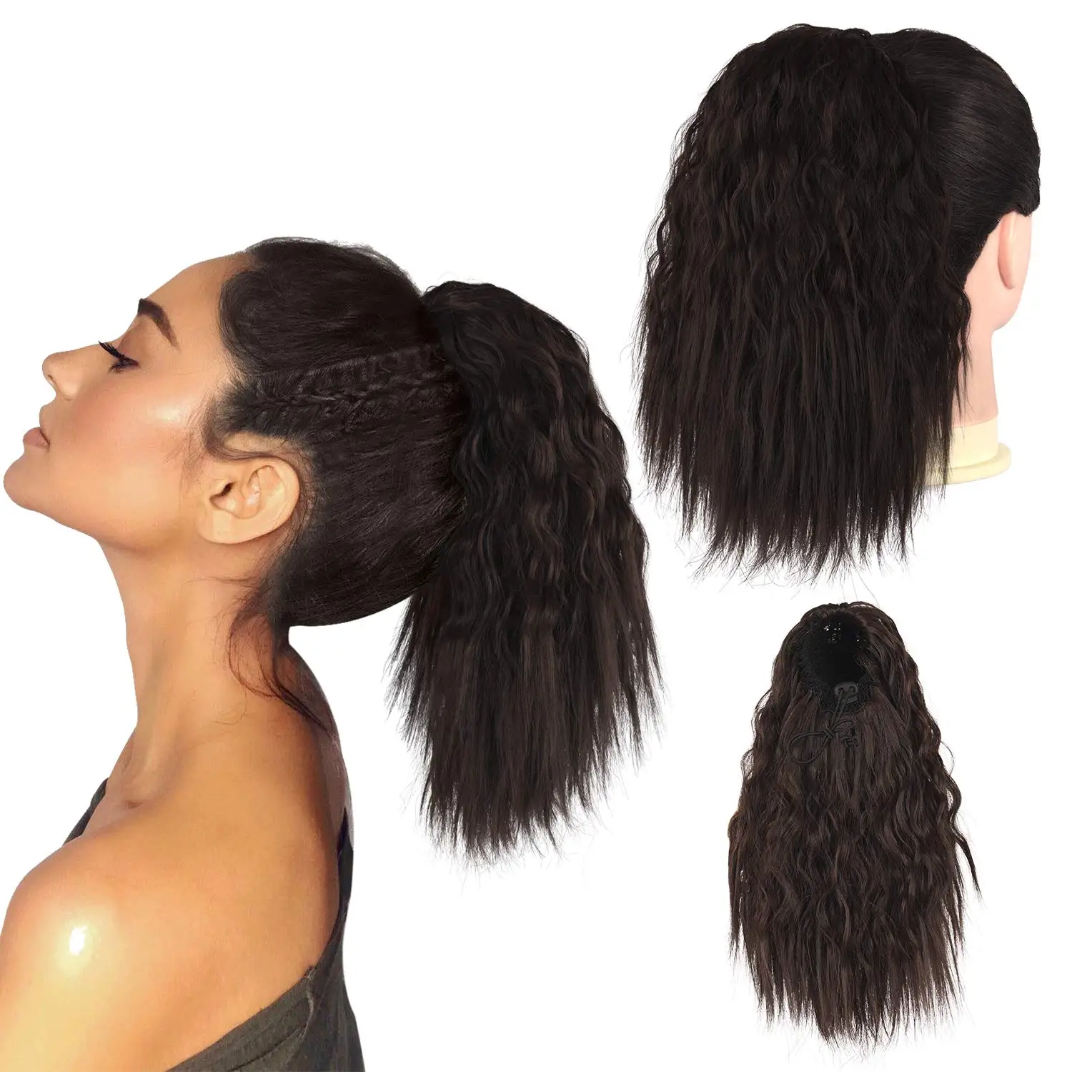 

synthetic natural drawstring ponytail extensions Wavy Short afro ponytails Brown hairpiece ponytail tails for hair