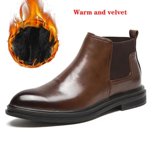 Мужские зимние ботинки высокого качества, зимние кожаные ботильоны из микрофибры, брендовая Теплая мужская зимняя обувь ручной работы