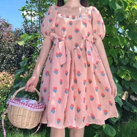 summer new kawaii sweet fairy dresses elegant square collar cute puff sleeve sweety girl bow strawberry dress pink white y2k