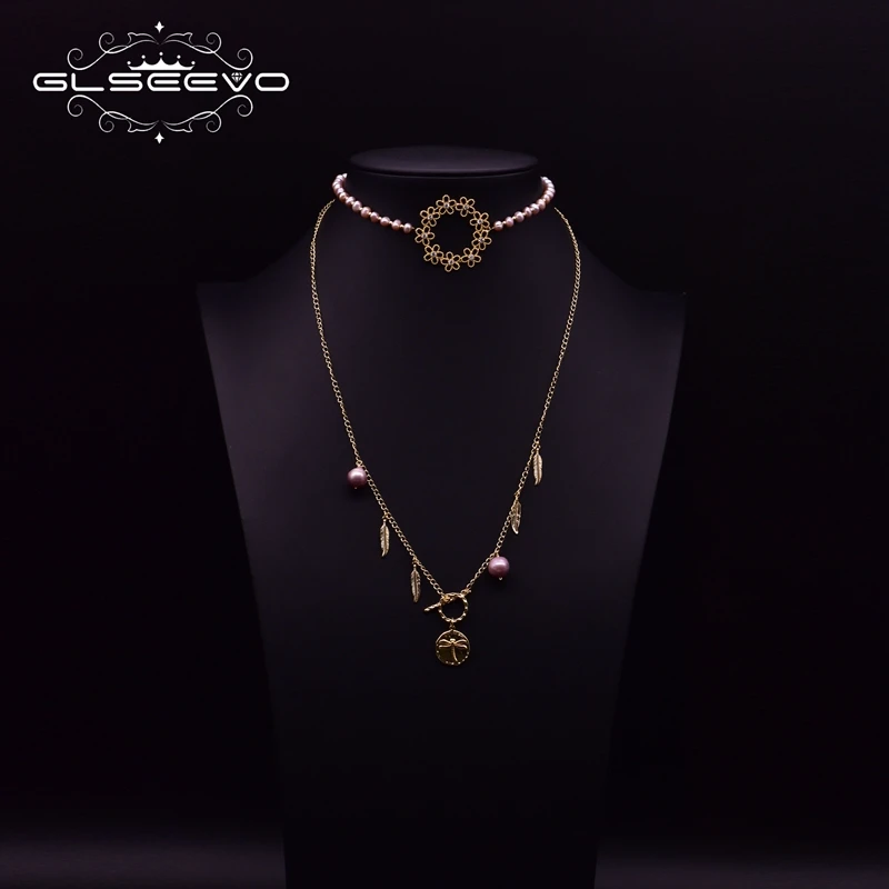 

GLSEEVO Natural Pearls Long Necklace For Women Girls Party 2 Layer Dragonfly Pendant Necklace Leaf Ethnic Jewelry Choker GN0199