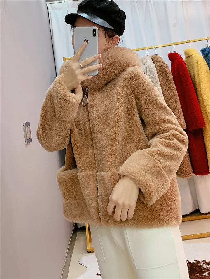OFTBUY пальто с натуральным мехом, зимняя женская куртка, Воротник из натурального Лисьего меха, капюшон, шерсть, тканая верхняя одежда, плюшевый флис