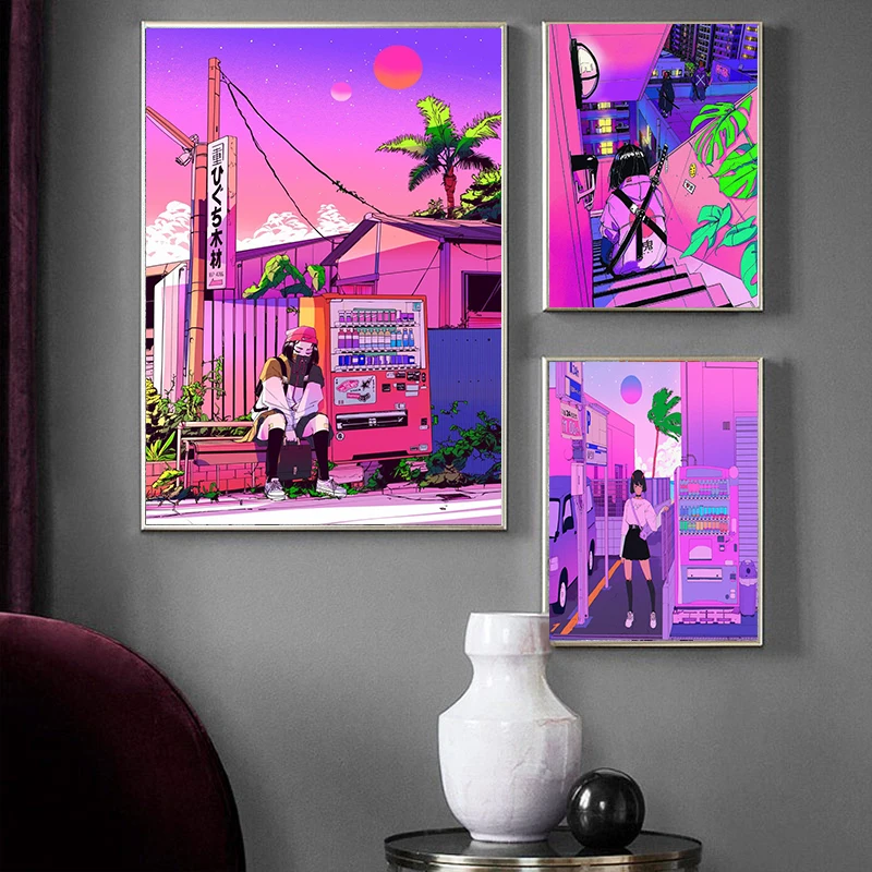 Аниме Ретро эстетический постер в стиле 80-х годов vaporwave маска девушка обои