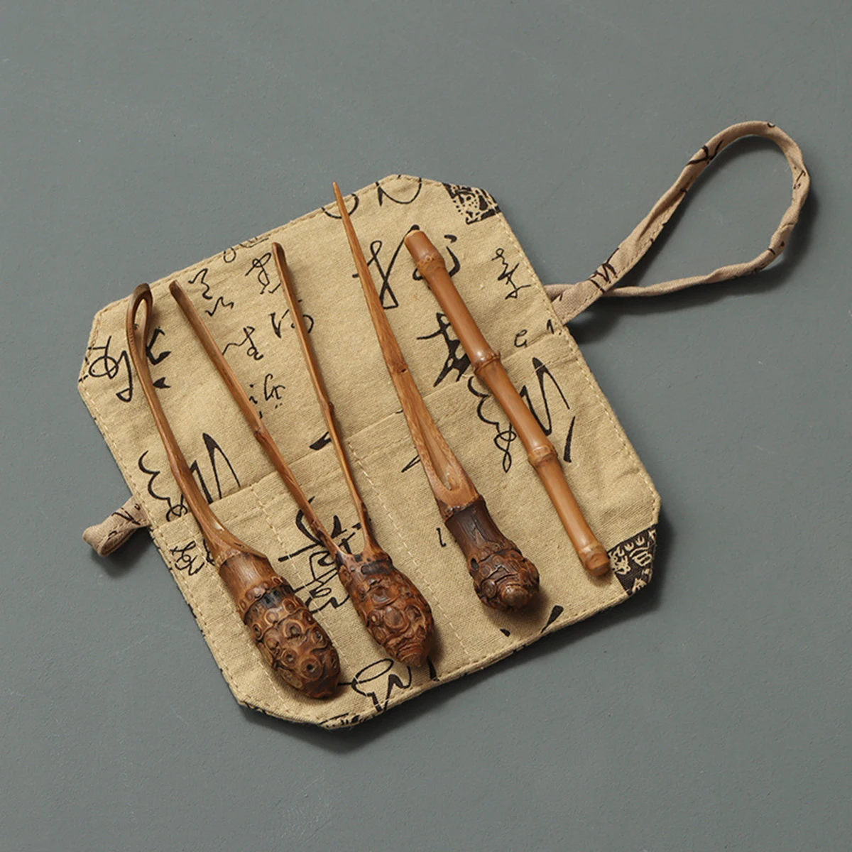 Juego de t&eacute; de ra&iacute;z de bamb&uacute;, accesorios para la ceremonia del t&eacute;, cinco piezas naturales hechas a mano, pinza para t&eacute;, saucer de aguja de t&eacute; con fugas-0