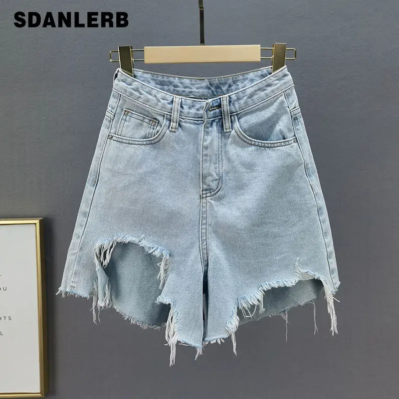 

High Waisted Jeans Ripped Denim Shorts for Women 2021 Summer New Loose Slimming Light Blue Rough Edges Short A- Line Hot Pants