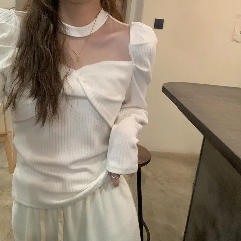 

Прошитый сетчатый вязаный Топ Xin до ключиц женский дизайн с пузырьковыми рукавами Зимний лес с длинными рукавами