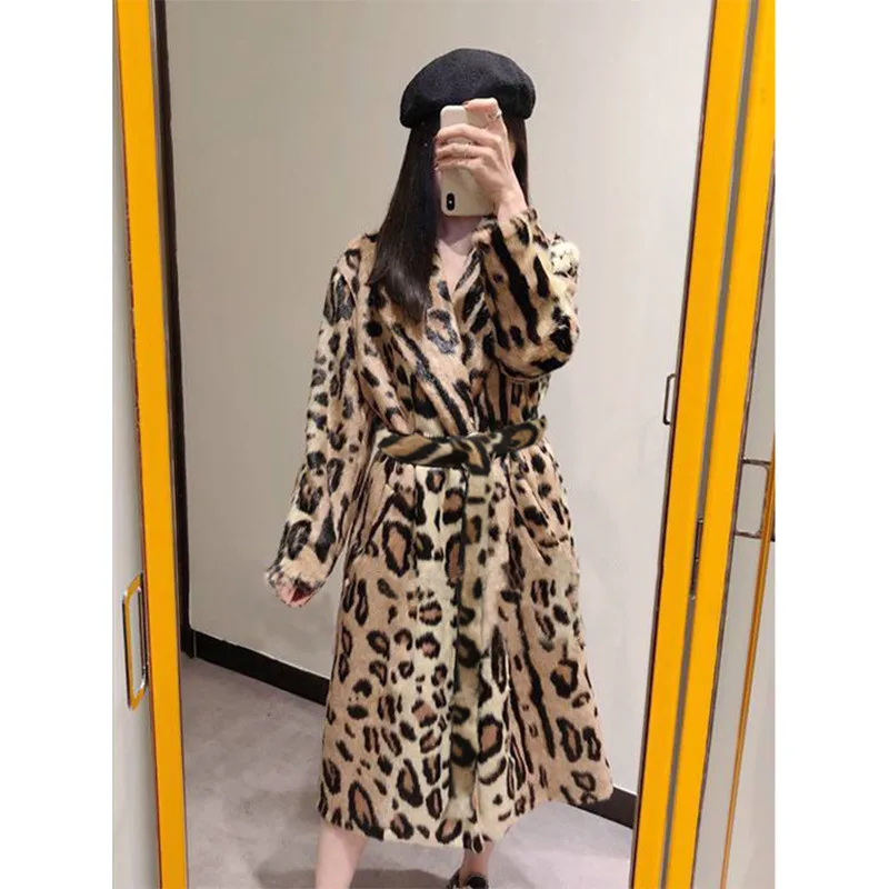 New Leopard Print Faux Fur Jacket Cotton Coat Thicken Long Plush Jacket Women's Coat Belt Windbreaker Y1042