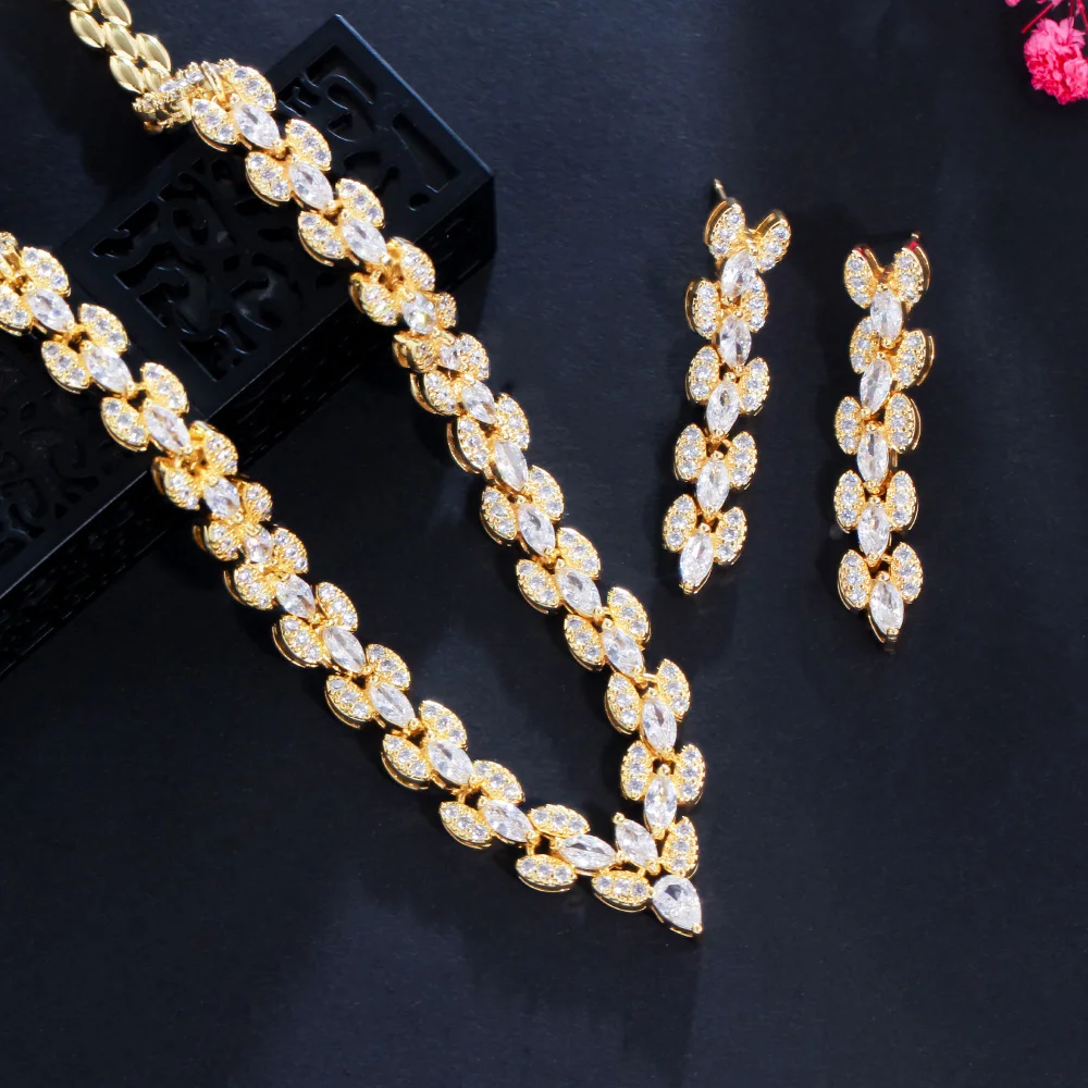 

Elegant Marquise Leaf Cubic Zirconia Women Wedding Collection Jewelry Set Gold Color Bridal Necklace Aessories T568