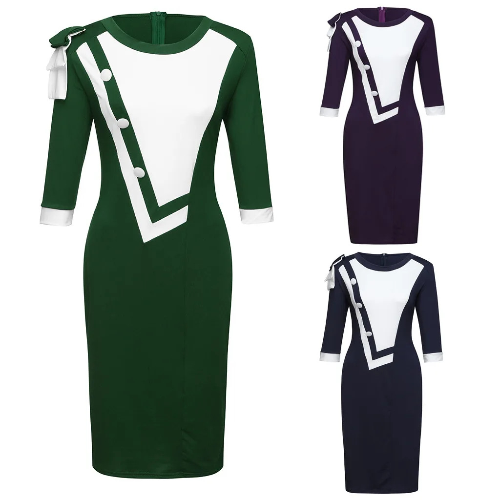 Women Dress Plus Size Casual Bowknot Shoulder Color Block Patchwork 3/4 Sleeve Sheath Dress Ol Work Vintage Dress Vestidos E1