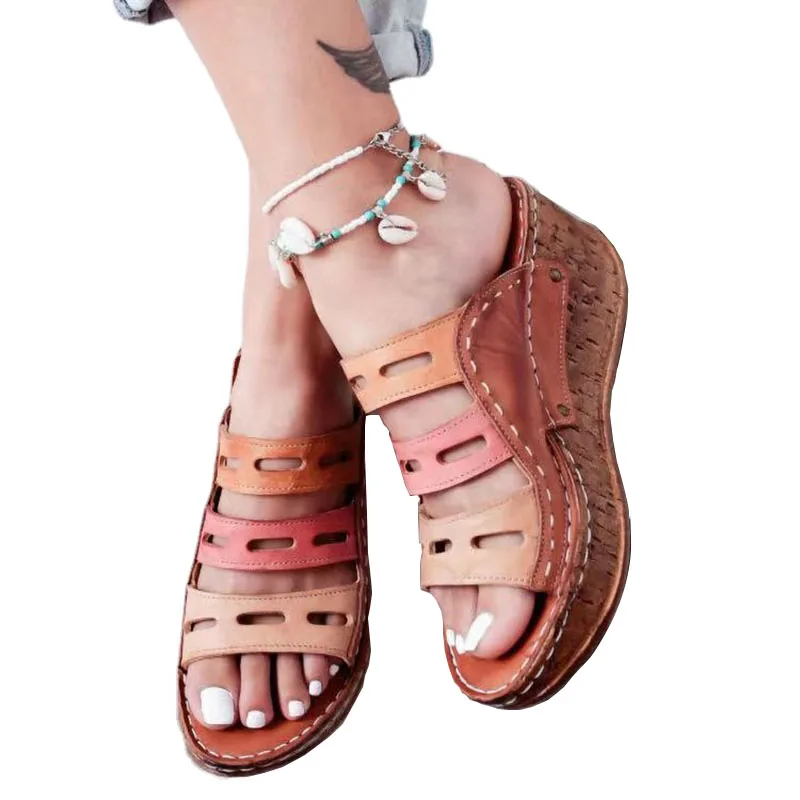 

Women Platform Wedges Shoes Soft Bottom Vintage Wedge Casual Slip on Comfortable Flat Retro Buckle Sewing Gladiator Sandalias