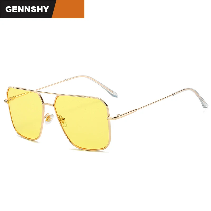 

2020 New Fashion Square Metal Sunglasses Women Big Frame Double Bridge Thin Temples Eyeglasses Yellow Ocean Lenses Traveling