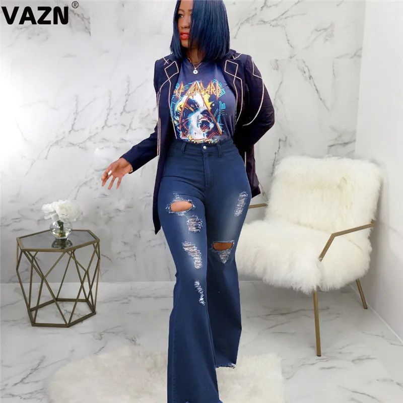 VAZN Hot Sale fashion women Dark Blue Color Jean Boot Cut Pants Office Lady Long Denim Sexy Club Wide Leg Jeans |