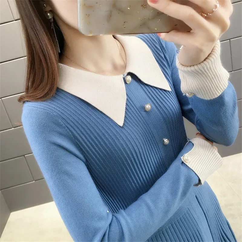 

Women Long Sleeve Sweater Dress Autumn Winter Elastic Elegant Dress Doll collar Ladies Pleated Dress Short Knitted Office Dress