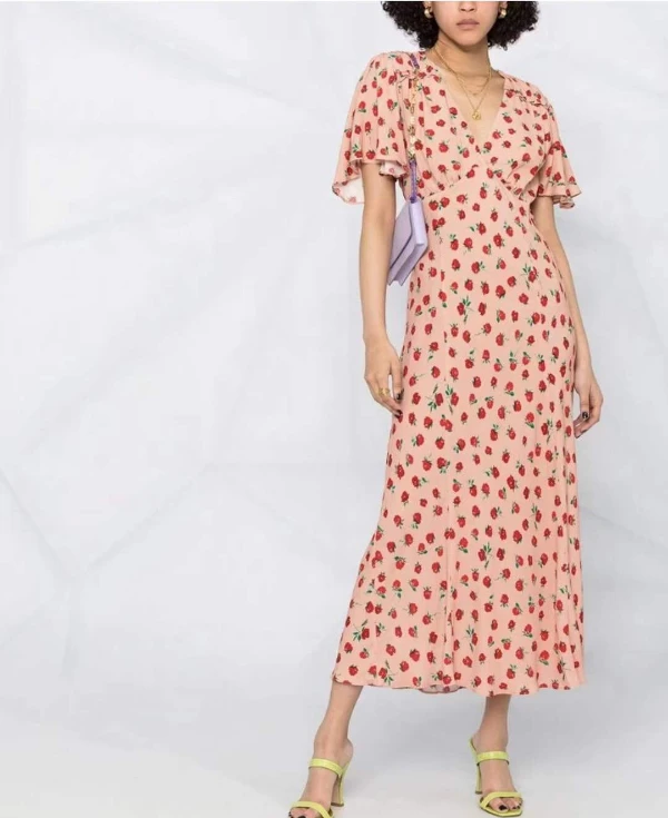 2021 Summer New  Fashion Rose Floral Print Design  Classic V-neck Lotus Sleeve High Waist Slim Mid Length Dress Women