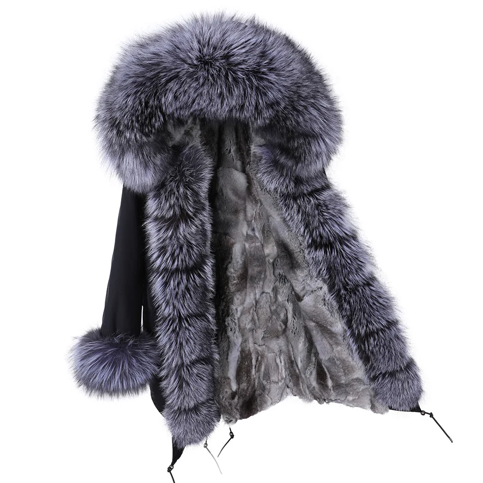 Maomaokong Women coat winter natural raccoon fox fur collar long coat real rabbit fur lining parkas Women's jacket