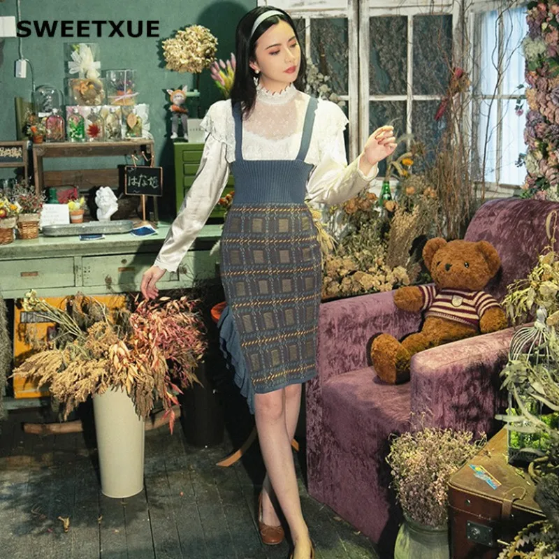 Привлекательный женский облегающий костюм SWEETXUE с юбкой на бретельках кружевная