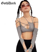 goth dark cyber y2k techwear punk women halter tops gothic egirl patchwork long sleeve crop top sexy cut out casual t shirts