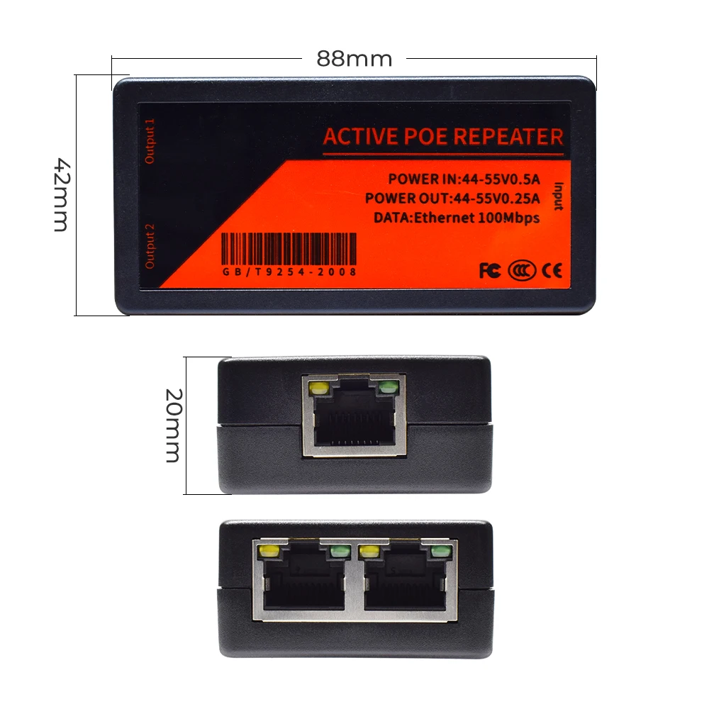 

1 to 2 POE Injector network extender 100Mbps camera adapter splitter standard DC44V-55V 0.5A camera POE repeater