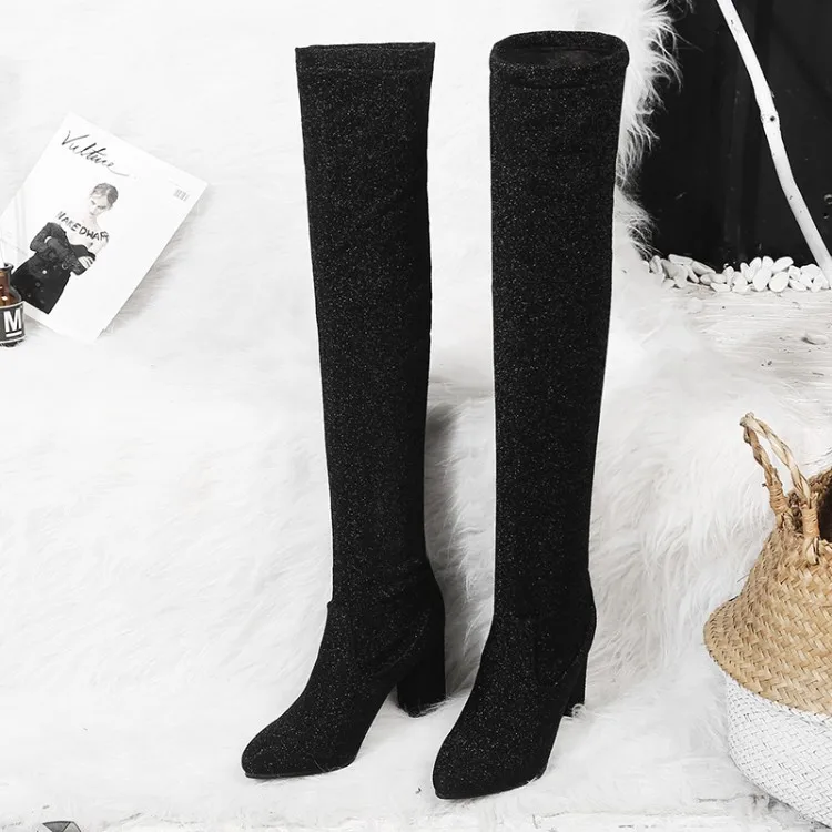 Женские ботфорты выше колена Сапоги с блестками и рукавами сапоги до бедра