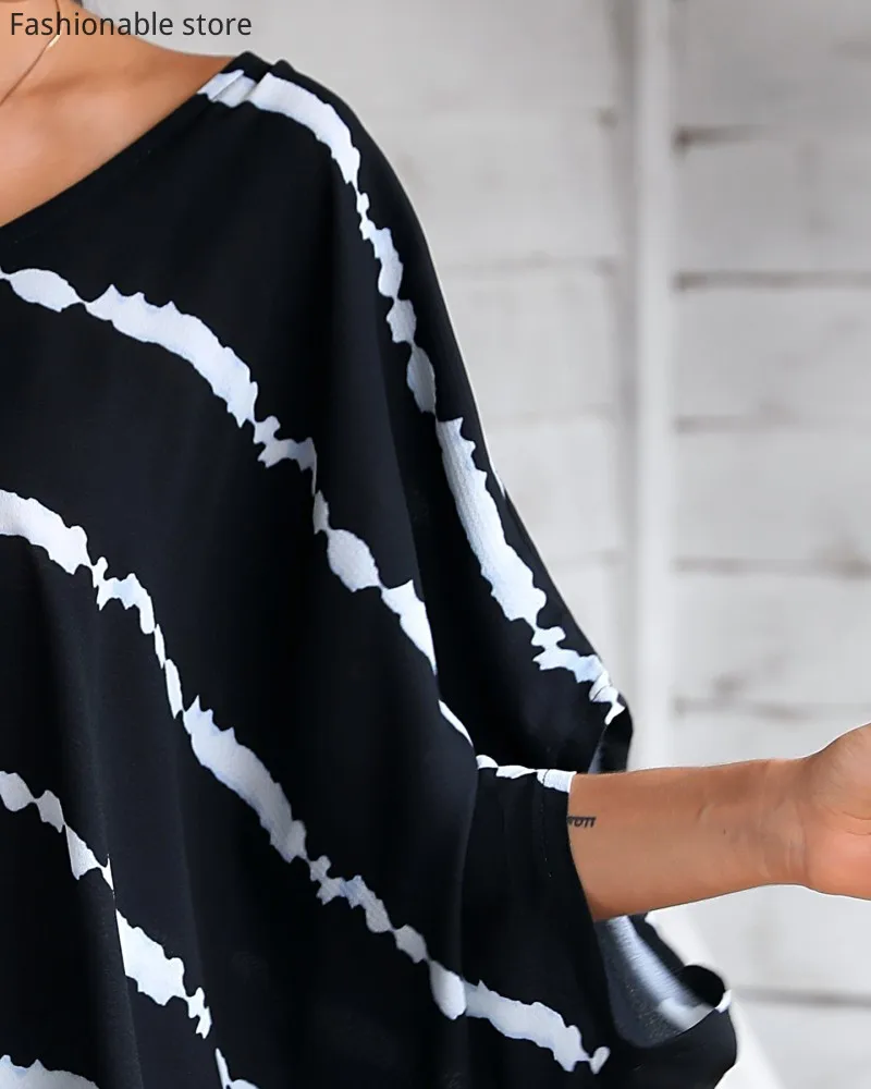 

Women Tie Dye Print Batwing Sleeve V Neck Casual Loose Blouse Large Size