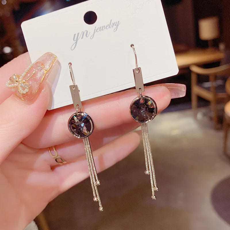 

Luxury 14K Real Gold Purple Crystal Tassel Temperament Fashion High Sense Stud Earrings for Women Cubic Zircon ZC Earrings