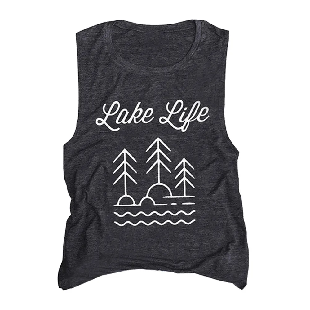 

Lake Life Letter Printting Black Women Tank Top Casual Round Neck Racerback Sleeveless Summer Party Womens Graphic Faith T-shirt