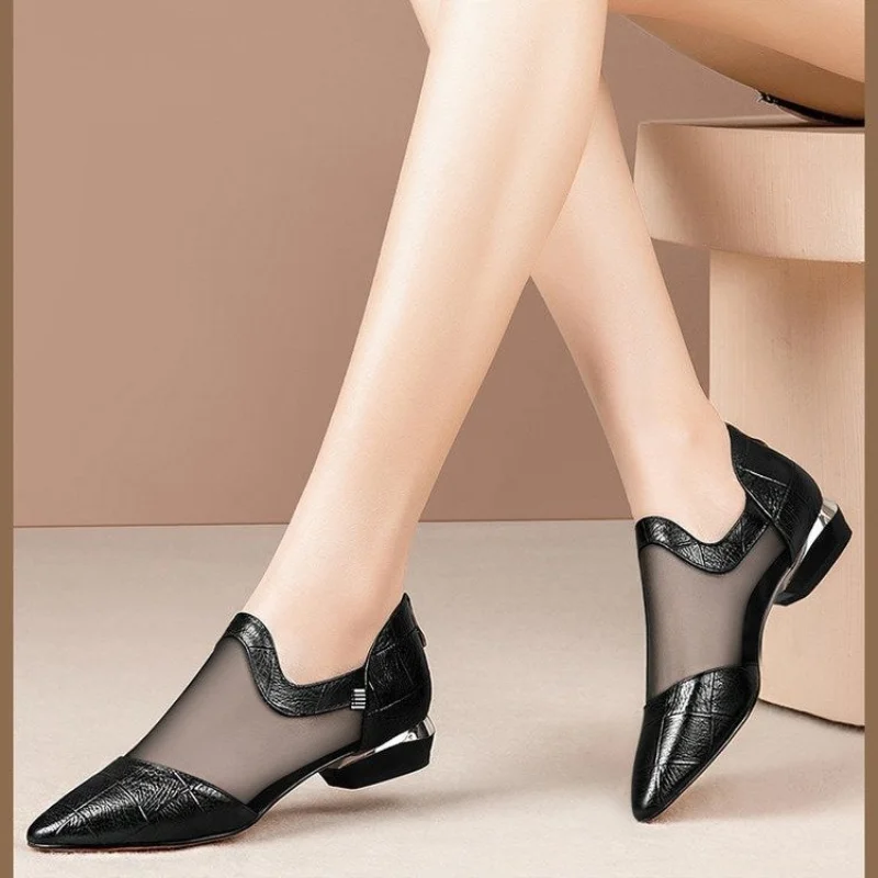 

2021 Spring Fashion Ladies Sandals Low Heel Pointed Toe Hollow Mesh Breathable Casual High Heels