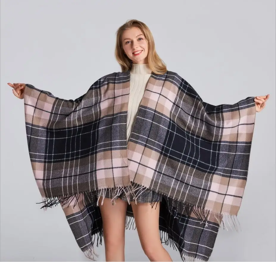 

Роскошные брендовые зимние теплые классические пончо в клетку, накидки, Женские Большие шали, палантины, толстые кашемировые женские пончо из пашмины