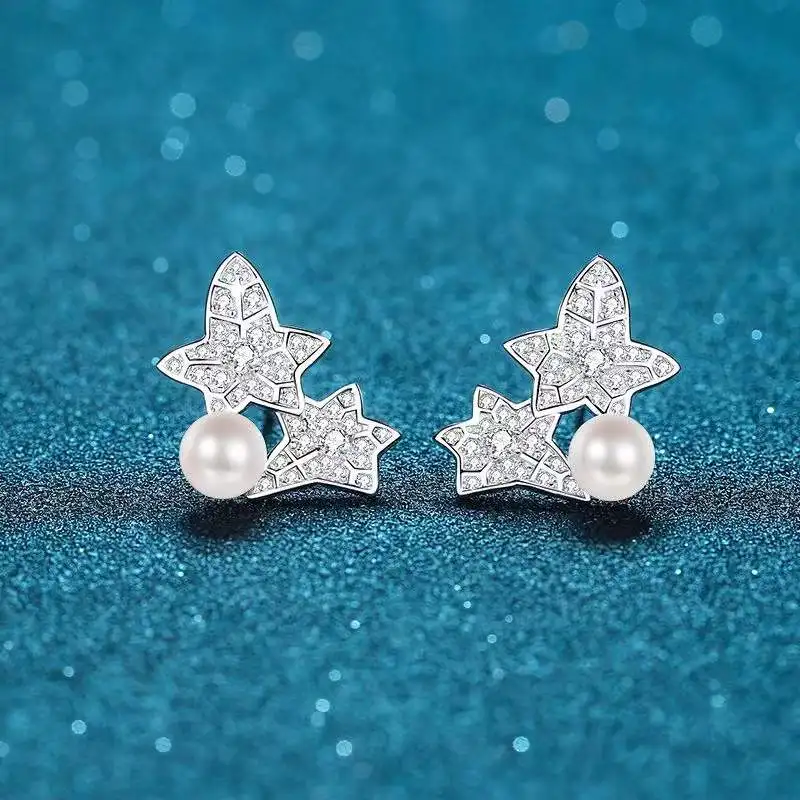 

Trendy Natural Freshwater Pearl Moissanite Flower Leaf Earrings 925 Sterling Silver 0.68ct Moissanite Stud Earrings for Women
