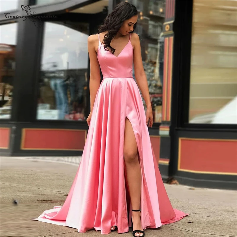 

Simple Pink Prom Dresses Long 2021 with Slit Straps Plus Size Satin Formal Evening Dress Party Gowns Vestido De Fiesta
