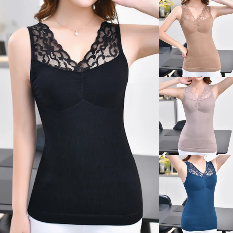 

Thermal Underwear Autumn and Winter Seamless Sexy Lace V-neck Bottoming Sling Fleece Vest Women 's Thermal Underwear with Chest