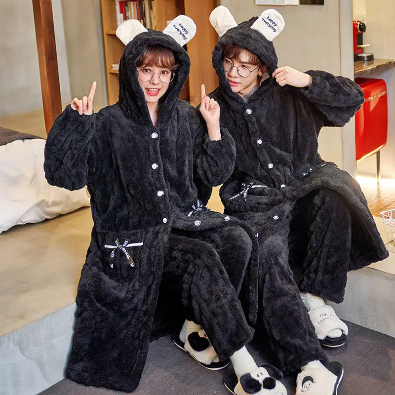Nightgown Female Winter Long Coral Velvet Thickened Winter Lovers Female Bathrobe Male Flannel Pajamas Home Clothes  Robe Sets