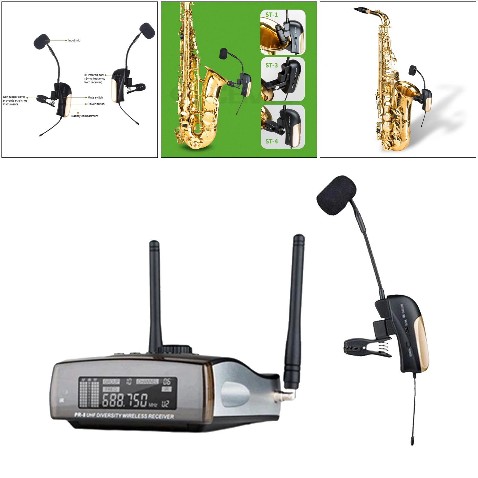 

Professional Wireless Condenser Microphone System Shockproof Cardioid Receiver Transmission Saxophone Mic