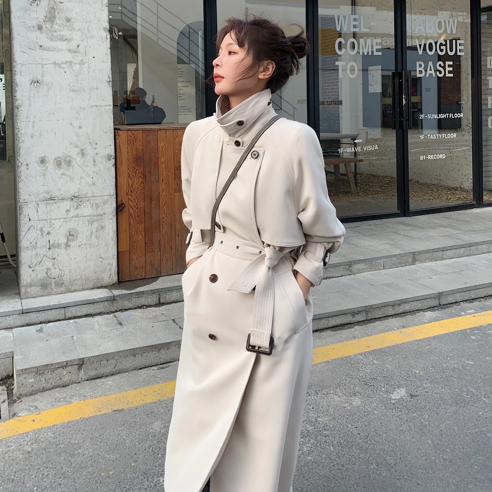 

korean and japaness high collar warm loose fit beige belted trench coats wholesale