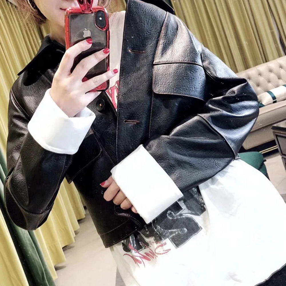 Модное однобортное женское короткое кожаное пальто Повседневная Женская