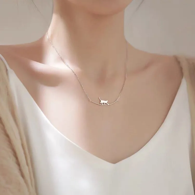 

925 Silver Cat Pendant Curved Necklace For Women Personality Silver Chain Clavicle Necklaces Women's Jewelry Wholesale Choker